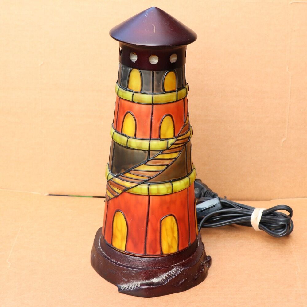 Stained Glass Lighthouse Lamp 11" x 5" Metal Base